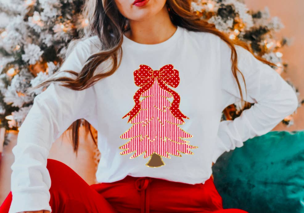 Gia Gifts Boutique - Wholesale T-Shirt (Graphic) - Women's - Preppy Red Christmas Tree Coquette Long Sleeve Tee
