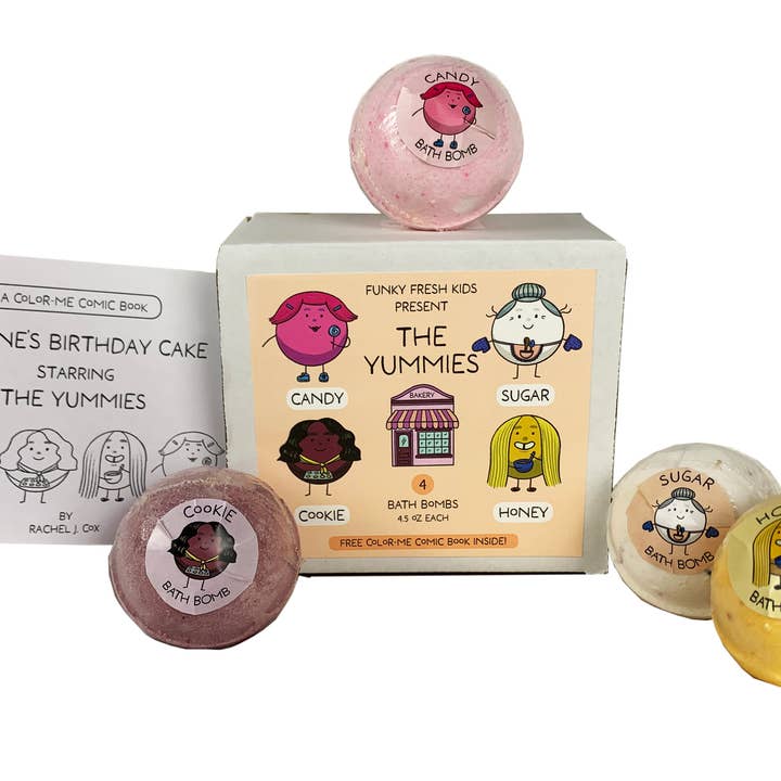 Funky Fresh Kids - Wholesale Bath Bomb/Fizz - Yummies Bath Bombs 4-Pack Gift Set for Kids With Comic Book4
