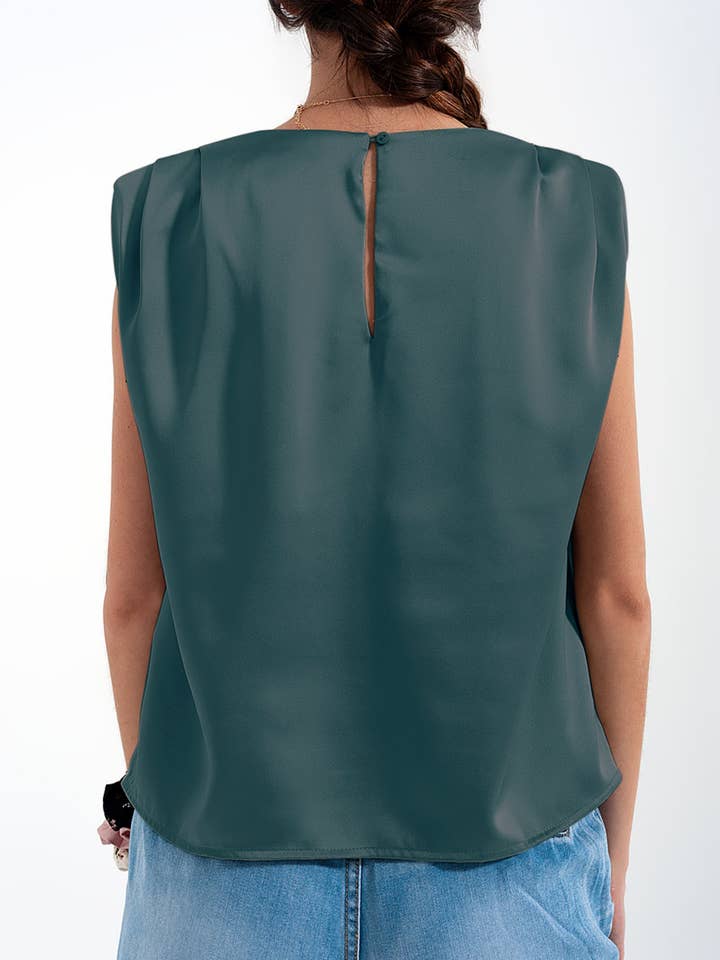 Gathered satin shoulder pad sleeveless top in green for wholesale on Faire6