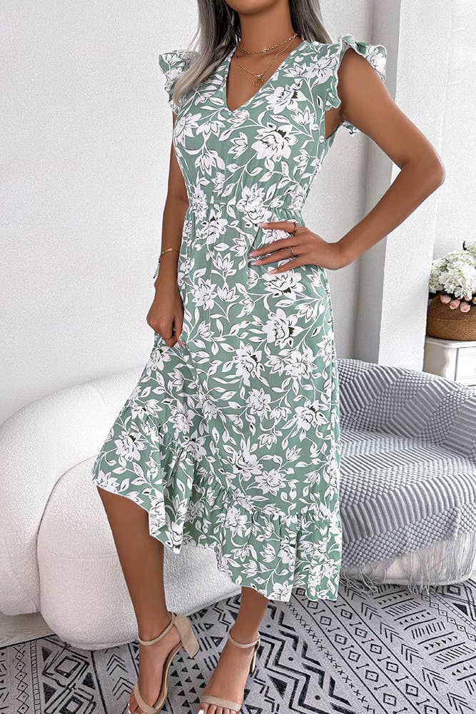 UNISHE - Wholesale Dress - Women's - V Neck Flutter Sleeves Maxi Floral Dress BJS0672