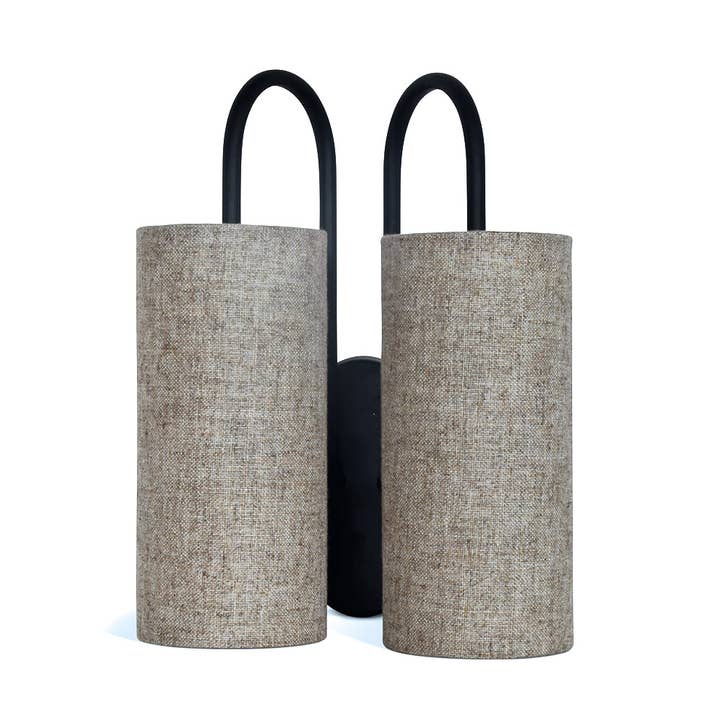 Pauline double wall lamp black natural linen L22 D15 H28cm for wholesale on Faire0