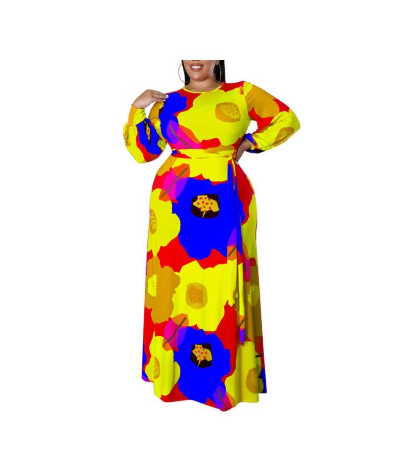 pinkblu02 - Wholesale Dress - Women's - Women Plus Size Long Sleeve Floral Print Round Neck Dress3