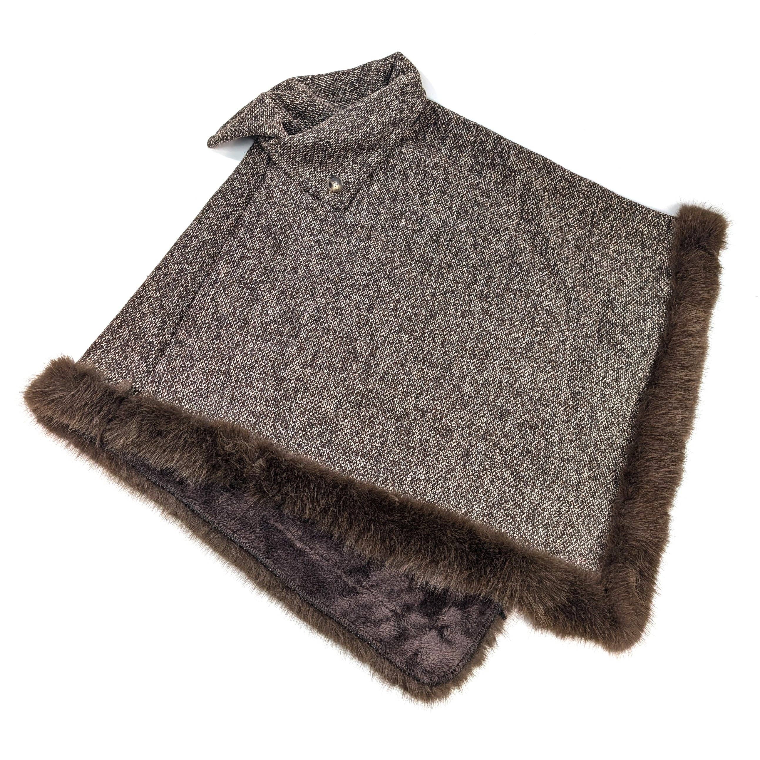 Black Ginger – wholesale Poncho – Women's – Button Collar Faux Fur Trimmed Poncho - Brown1