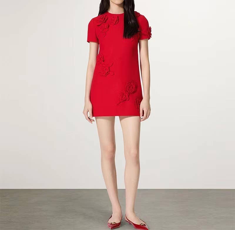 Rød DR330L Chic 3D Blomstret Rød Kjole - Kortærmet Elegance for engroshandel på Faire1
