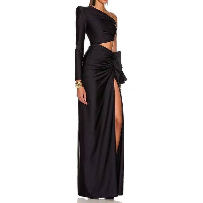 Black SY057 Elegant Split Long Dress with Oblique Shoulder for wholesale on Faire1