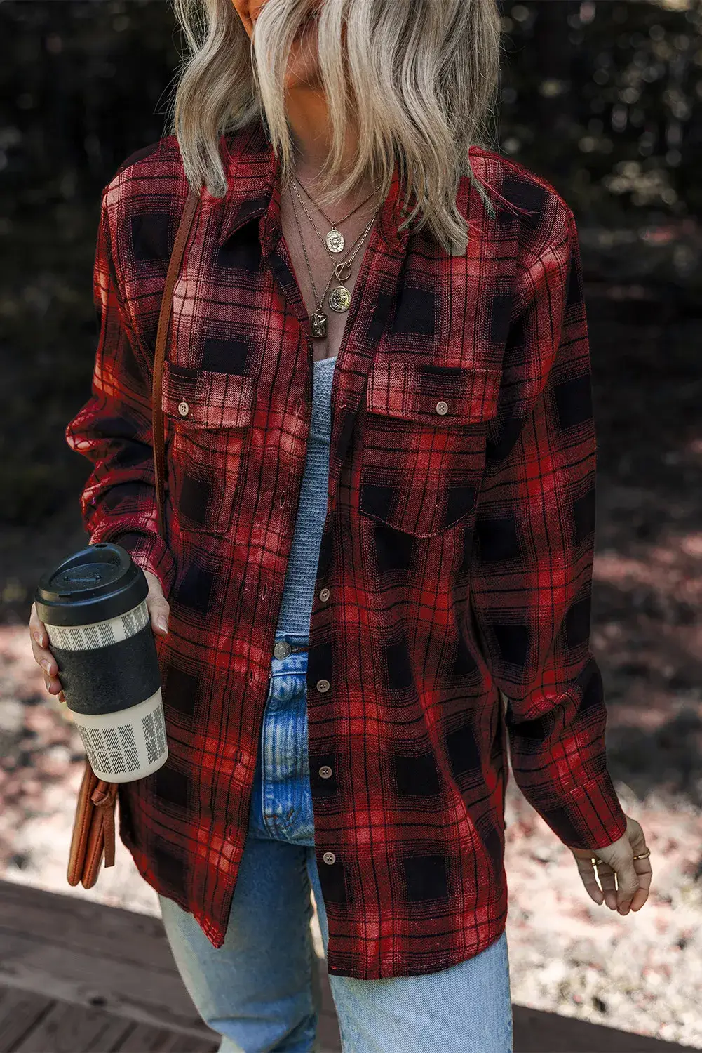 Lovesoft – Engroshandel Skjortejakke/shacket – til kvinder – Multifarvet retroternet børstet shacket med dobbelt flaplomme2