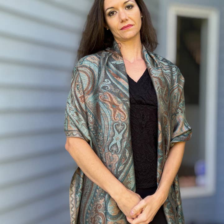 Rayz Intl - Wholesale Scarf - Women's - Teal and Gold Modal Silk Jamawar Pashmina