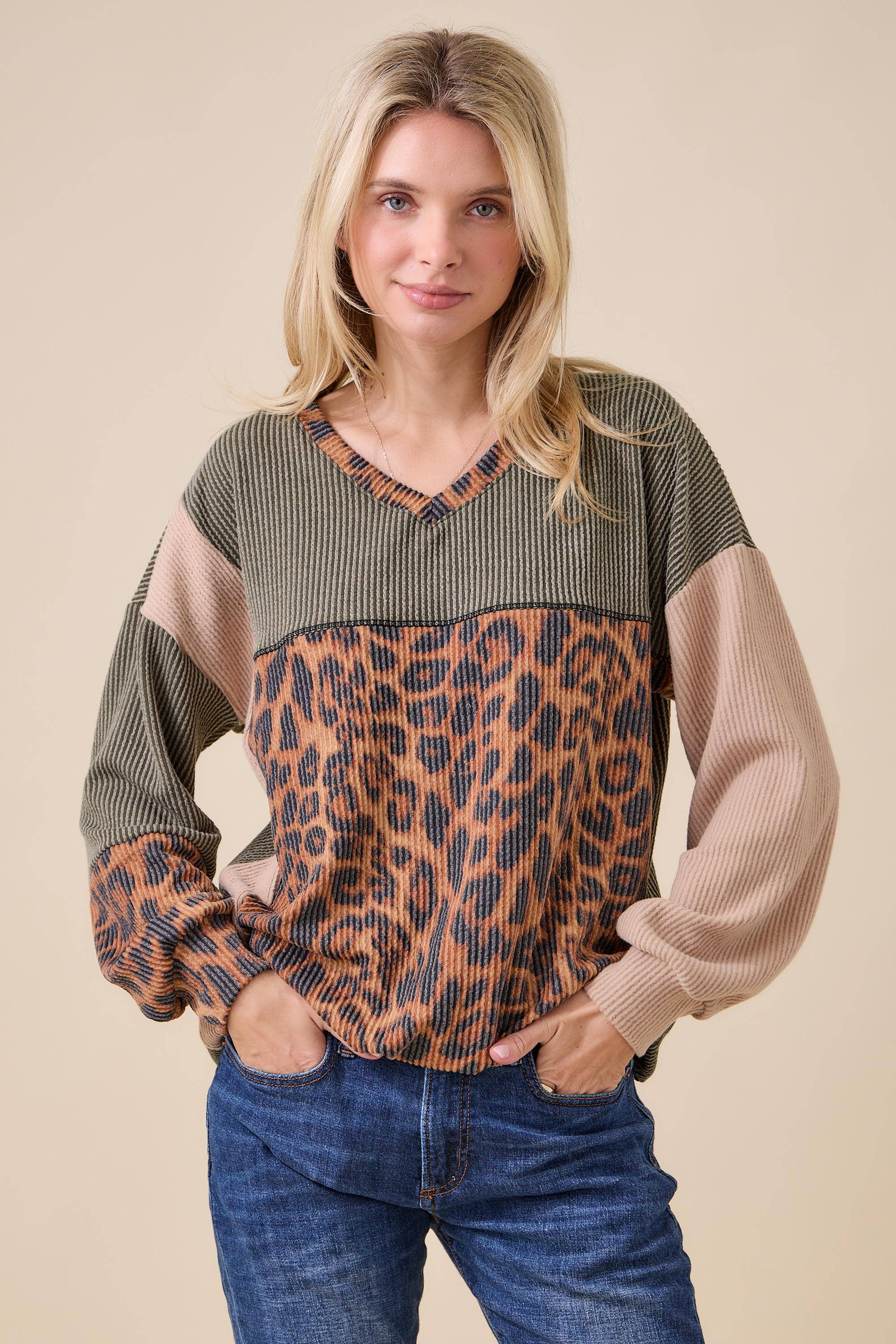 Celeste Clothing - Wholesale Knit Top - Women's - WOMEN'S RIB COLOR BLOCK ANIMAL PRINT LONG SLEEVE TOP
