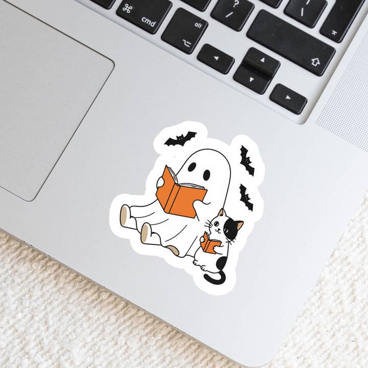 Purely Bookish - Wholesale Sticker - Cute Halloween Ghost Reading WIth Kitty Cat β 3" Waterproof Bookish Sticker with Holo Overlay β Reading, Books, Reader Gift, Book Lover4