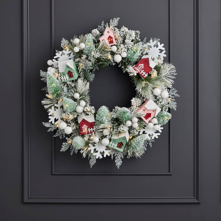 Seasonal LLC - Wholesale Wreath - Snowy Cottage Wreath 26in Pre-Lit with 50 LED Fairy Lights B/O