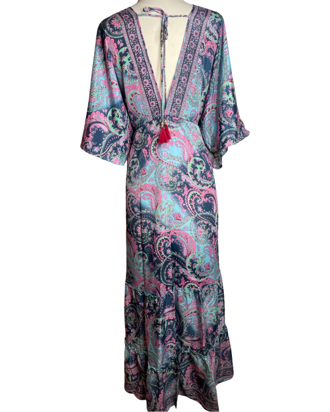 Pink and Silver – wholesale Klänning - Dam – Dubbel V-ringad Bohemisk Maxi Silkesklänning (Marinblå/Rosa)5