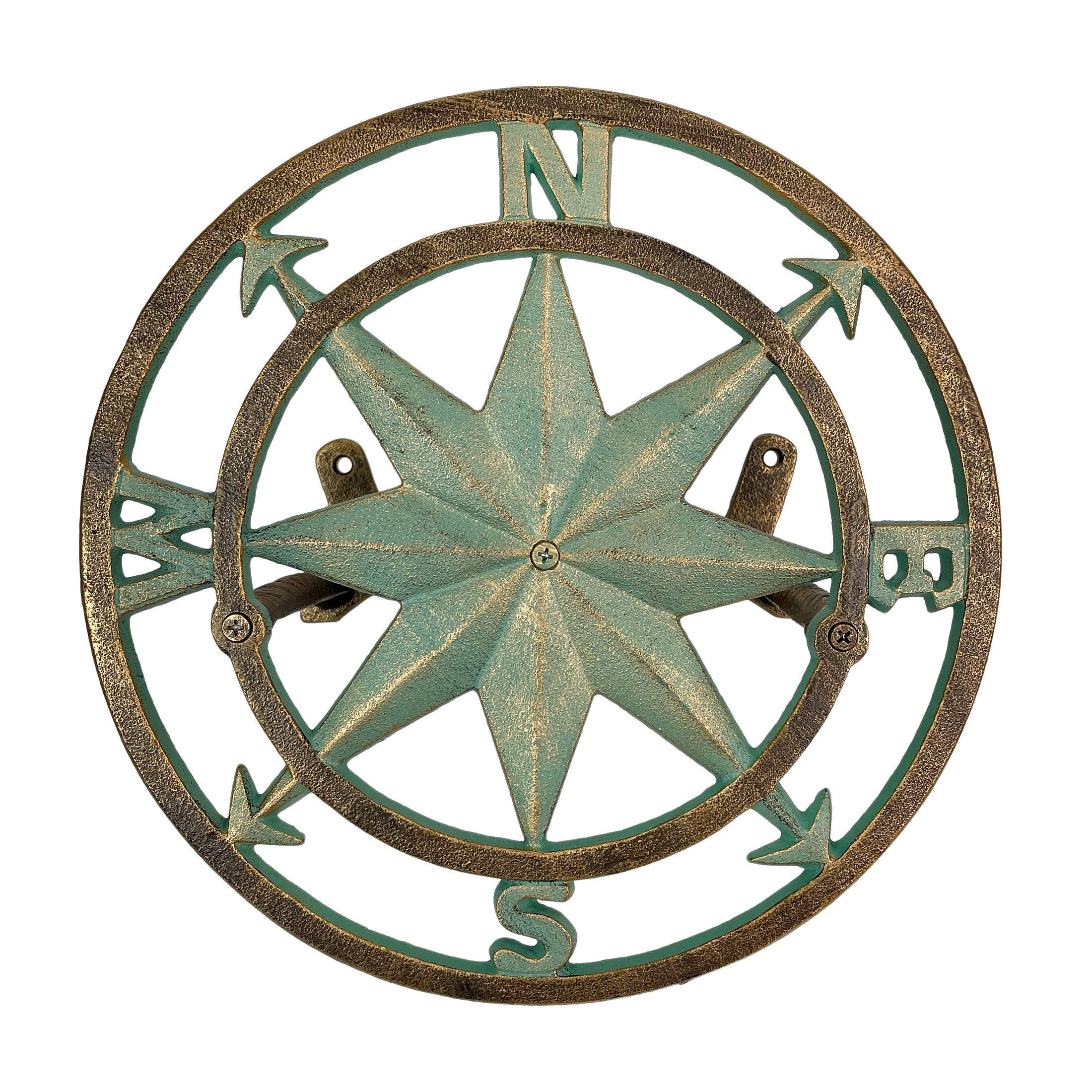 Zeckos - Wholesale Outdoor ornament/decor - Cast Iron Nautical Compass Rose Wall Mounted Decorative Hanging Garden Hose Holder Verdigris Green Finish1