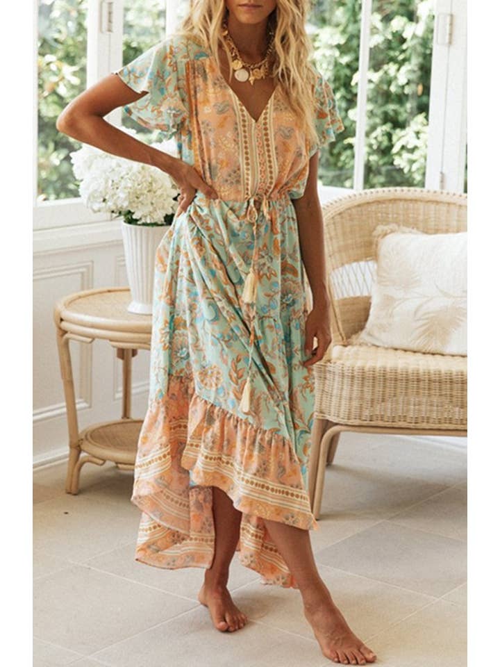 Rosa Clothing - Wholesale Dress - Women's - Bohemia Border Print Flutter Sleeve Maxi Dress