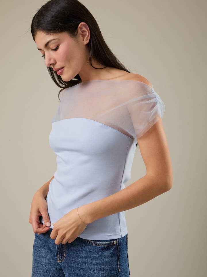 Sunday Edition - Wholesale Blouse - Women's - MESH & PONTI MIX DRAPE TOP1