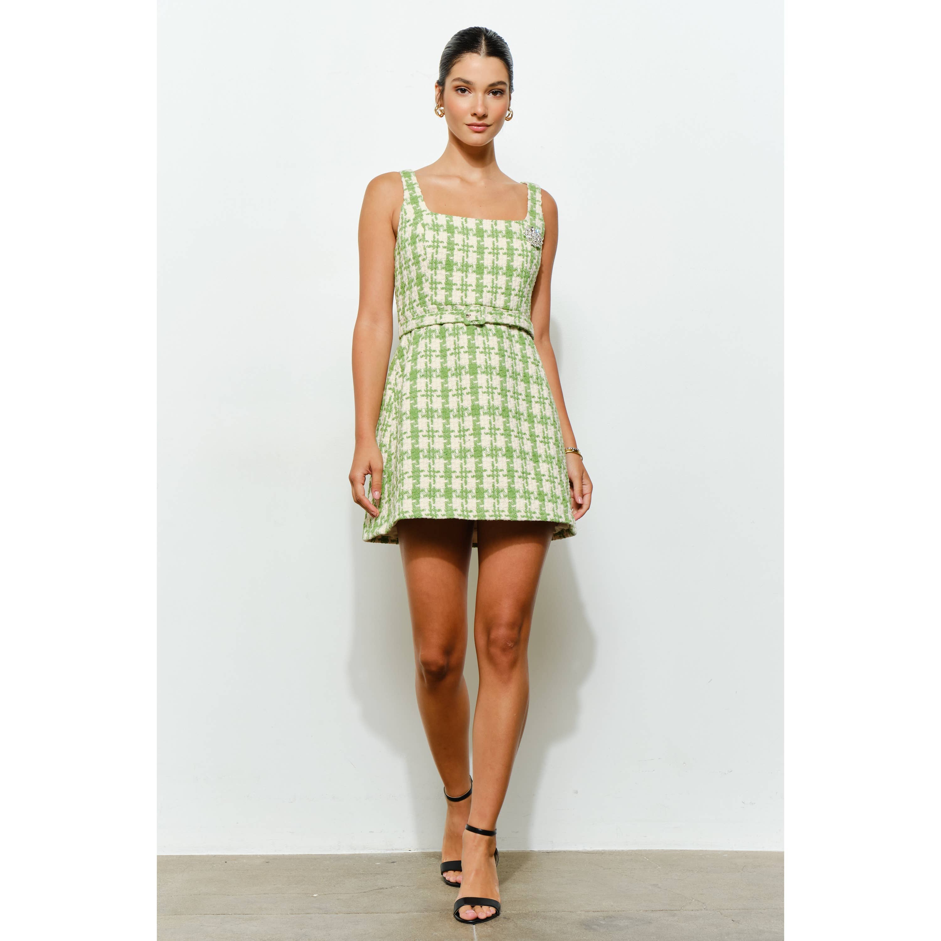 INA - Wholesale Dress - Women's - Check Tweed Brooch Detail Belted Mini Dress20