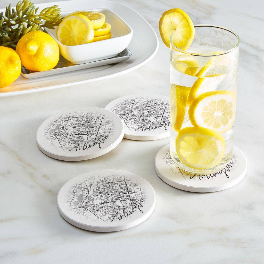 Love Local - Wholesale Coasters - Minimalistic B&W Texas Arlington Circle Map | Absorbent Coasters | Set of 4 | Min 21