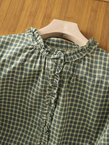 Whisper Mint - Wholesale Button Down Shirt - Women's - Green Plaid Cotton Shirt Ruffled Trim for Women2