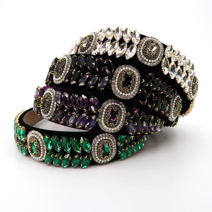 ASSORTED MULTI CRYSTAL DECOR SUEDE HEADBAND 21027-18 (12PC) for wholesale on Faire
