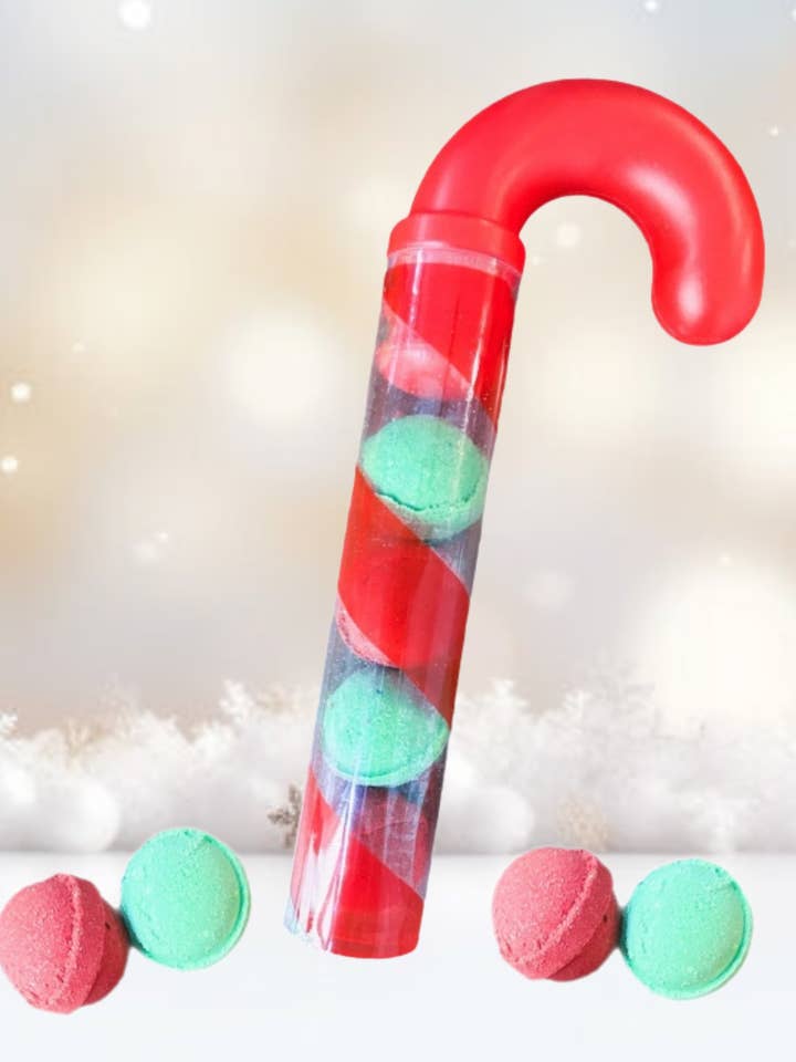 Candy Cane Mini Bath Bombs for wholesale by Splash Soap Company
