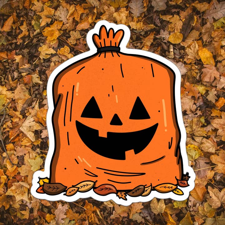 Pumpkin Leaf Bag Sticker | Halloween Nostalgia Sticker | Retro Halloween Sticker | Jack-o’-lantern Sticker | Pumpkin Sticker for wholesale by Spooky Shake Studios