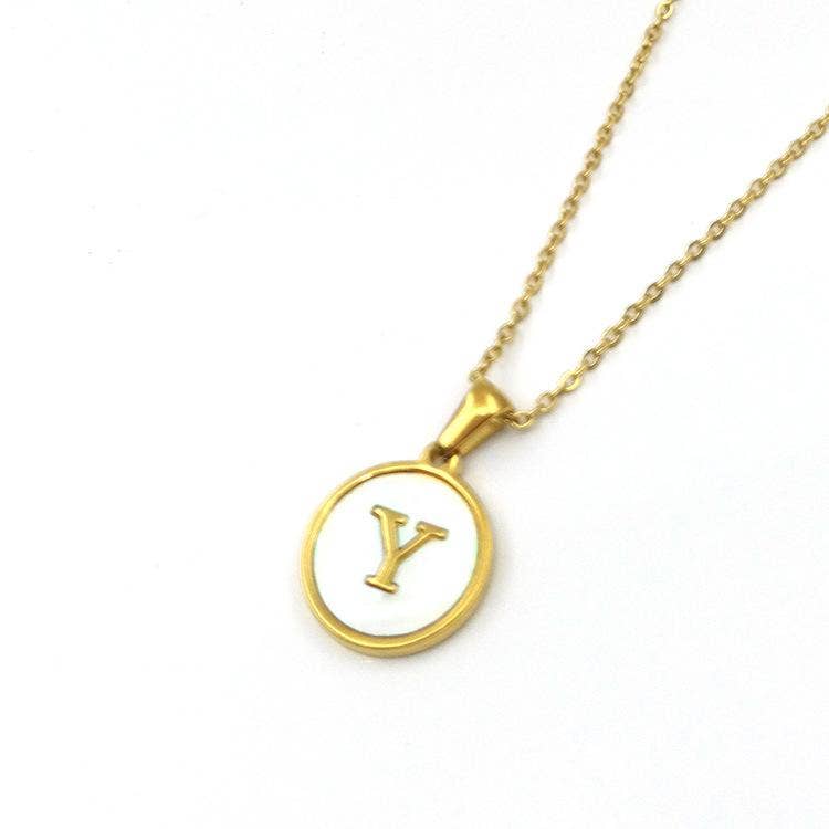 Mio Queena - Wholesale Pendant/Charm Necklace - Round 18K Gold-plated Stainless Steel 26 Letters Necklace20