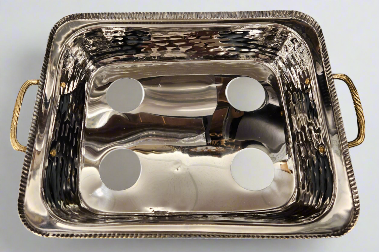 TAJ Designs - Wholesale Decorative Tray - TAJ Designs 9x13 Hammered Pan Holder With Gold Accent1