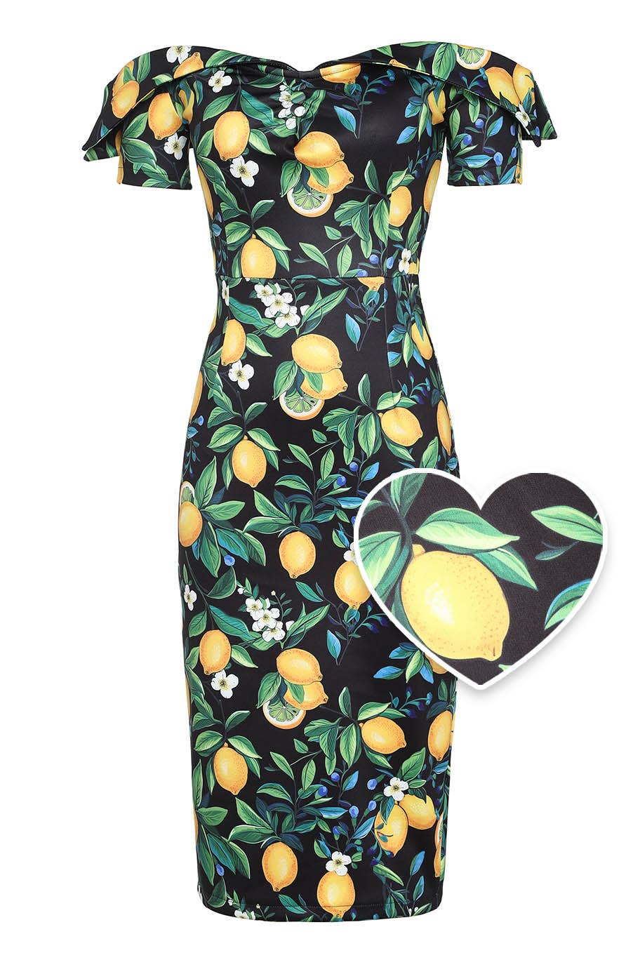 Dolly & Dotty - Wholesale Dress - Women's - Monroe Off-the-Shoulder Pencil Dress in Black Lemon Print11