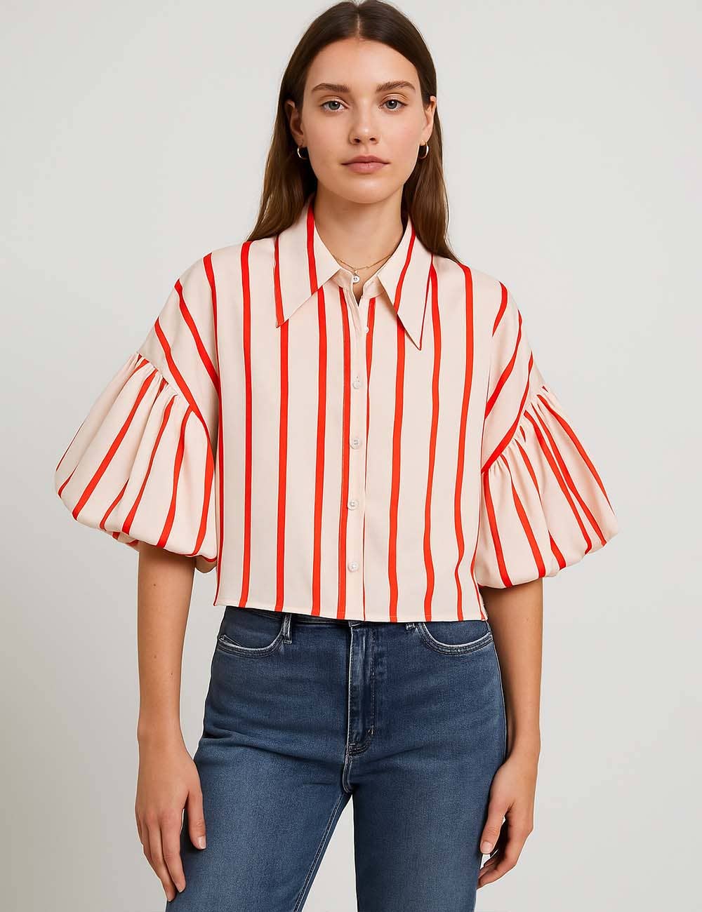 Sweetkama – wholesale Buttoned-down shirt – Women's – Ladies Striped Puff Sleeves Button Shirt SP0689