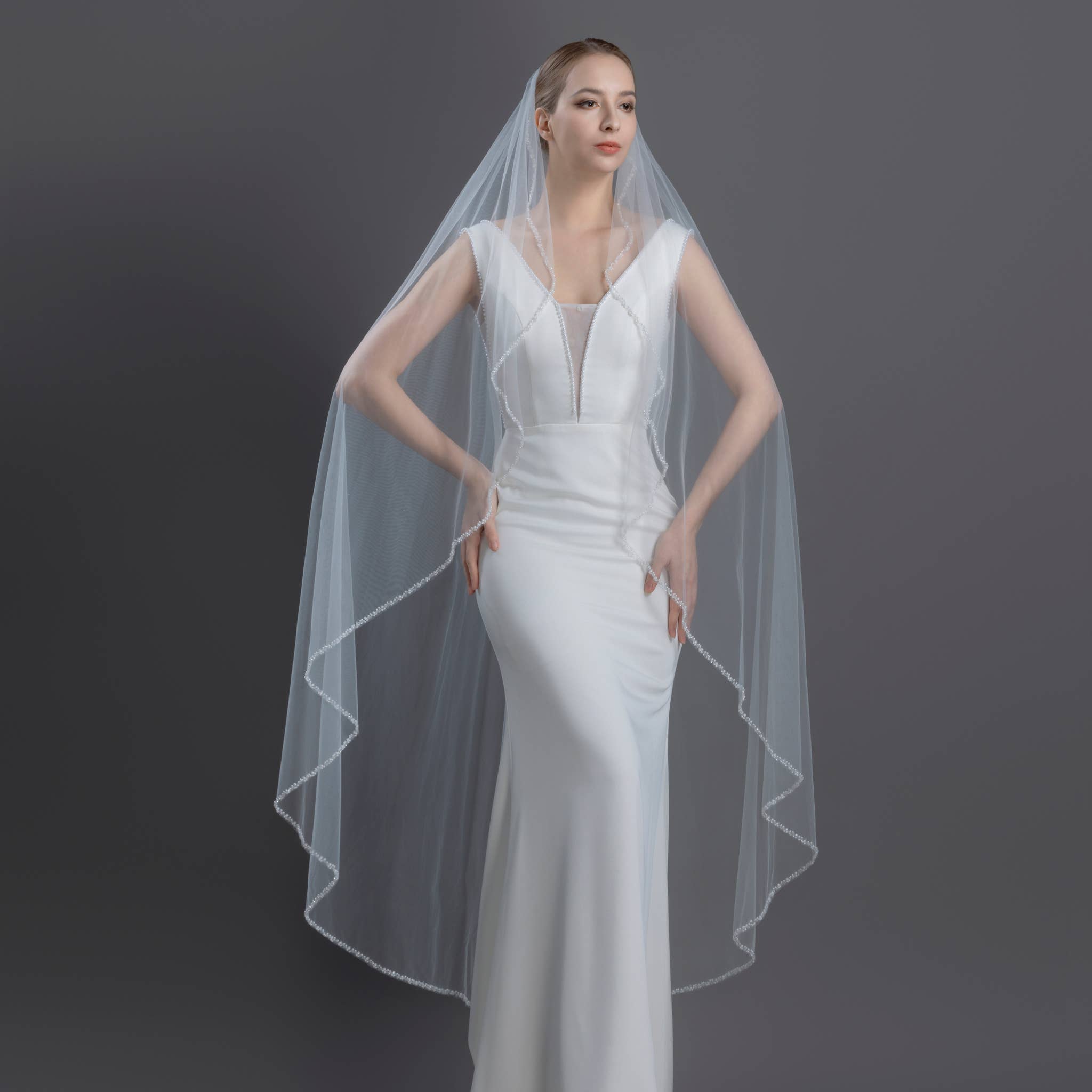 Farinosa Bridal - Wholesale Veil - Women's - FS6243-AC Pearl Crystal Beads Edge Angel Cut Bridal Veil 60"0