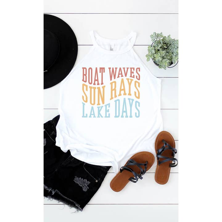 Kissed Apparel - Wholesale Tank Top - Women's - Boat Waves Sun Rays and Lake Days Graphic Mock Tank
