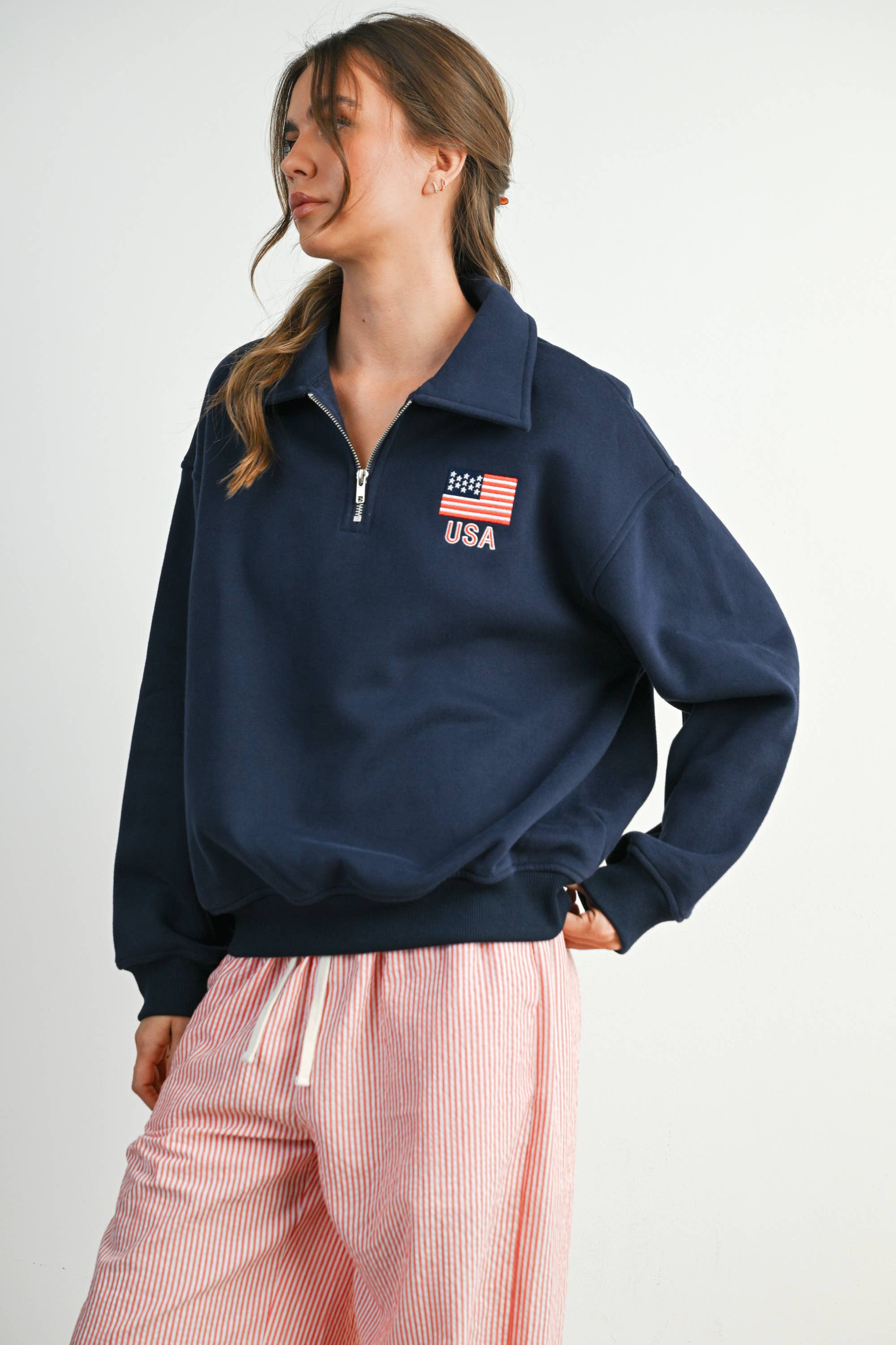 BUTTERMELON - Wholesale Sweatshirt - Women's - Loose Collared Quarter-Zip Top - BMT779414