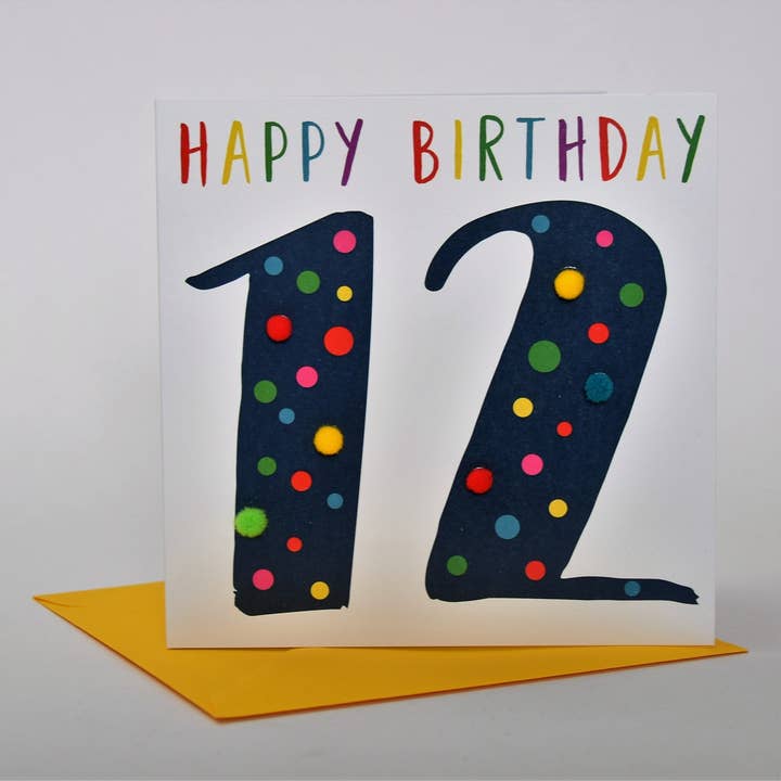 Claire Giles Ltd - Vendita all'ingrosso Biglietti di auguri - Biglietto di auguri, 12 anni, blu, buon compleanno 12, impreziosito da pompon1
