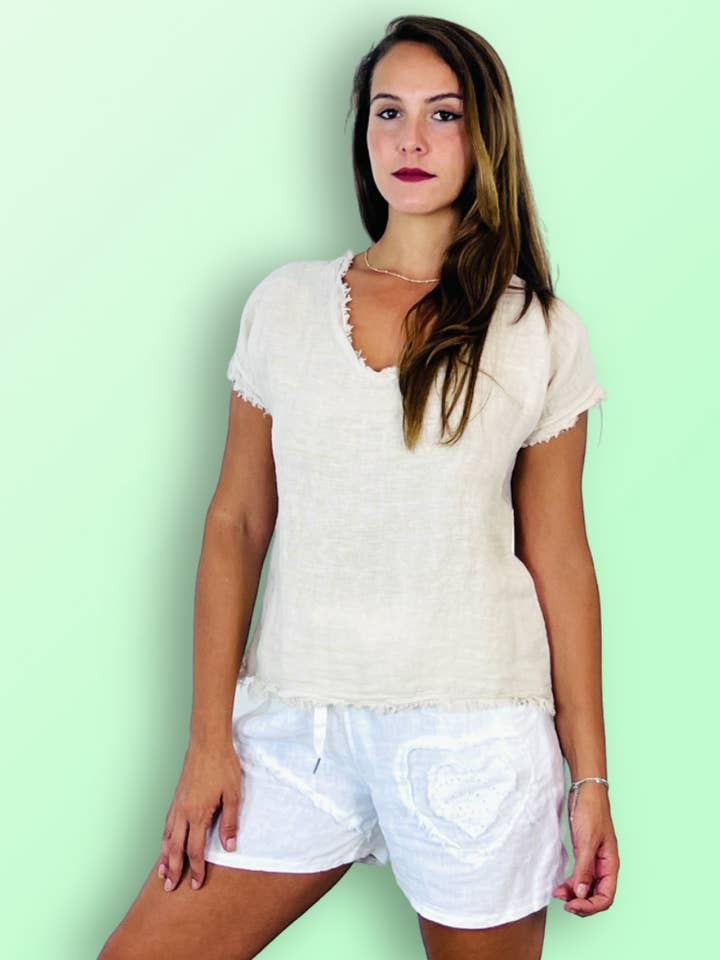 Linen & More – Blusa - Mulher por atacado – Blusa com Franjas 100% Linho REF 1199815