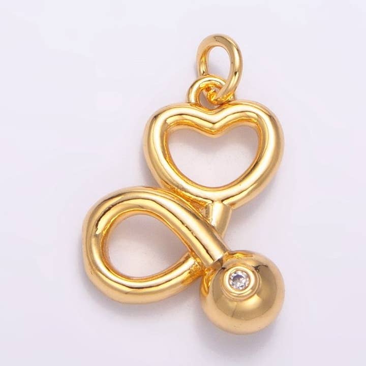 24K Gold Filled CZ Medical Doctor Stethoscope Heart Multidimensional Charm | W087 for wholesale by Aim Eternal
