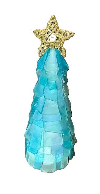 A SEAGLASS CREATION/SALTY SIGNS DESIGNS – Decoração de Natal por atacado – Árvore de Natal de Vidro do Mar de 15 cm com Estrela de Vime e luzes6