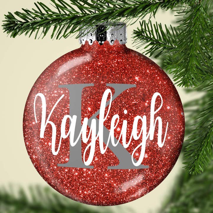 Personalized Name Monogram Kids Glitter Christmas Ornament for wholesale by Sparkling Magnolia LLC