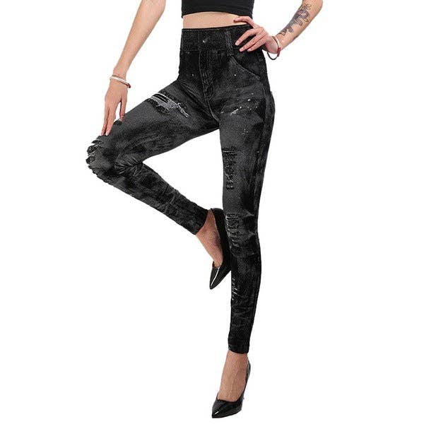 Tourtiwi - Wholesale Pants - Women's - Fake Ripped Imitation Denim High Waist Yoga Pants4
