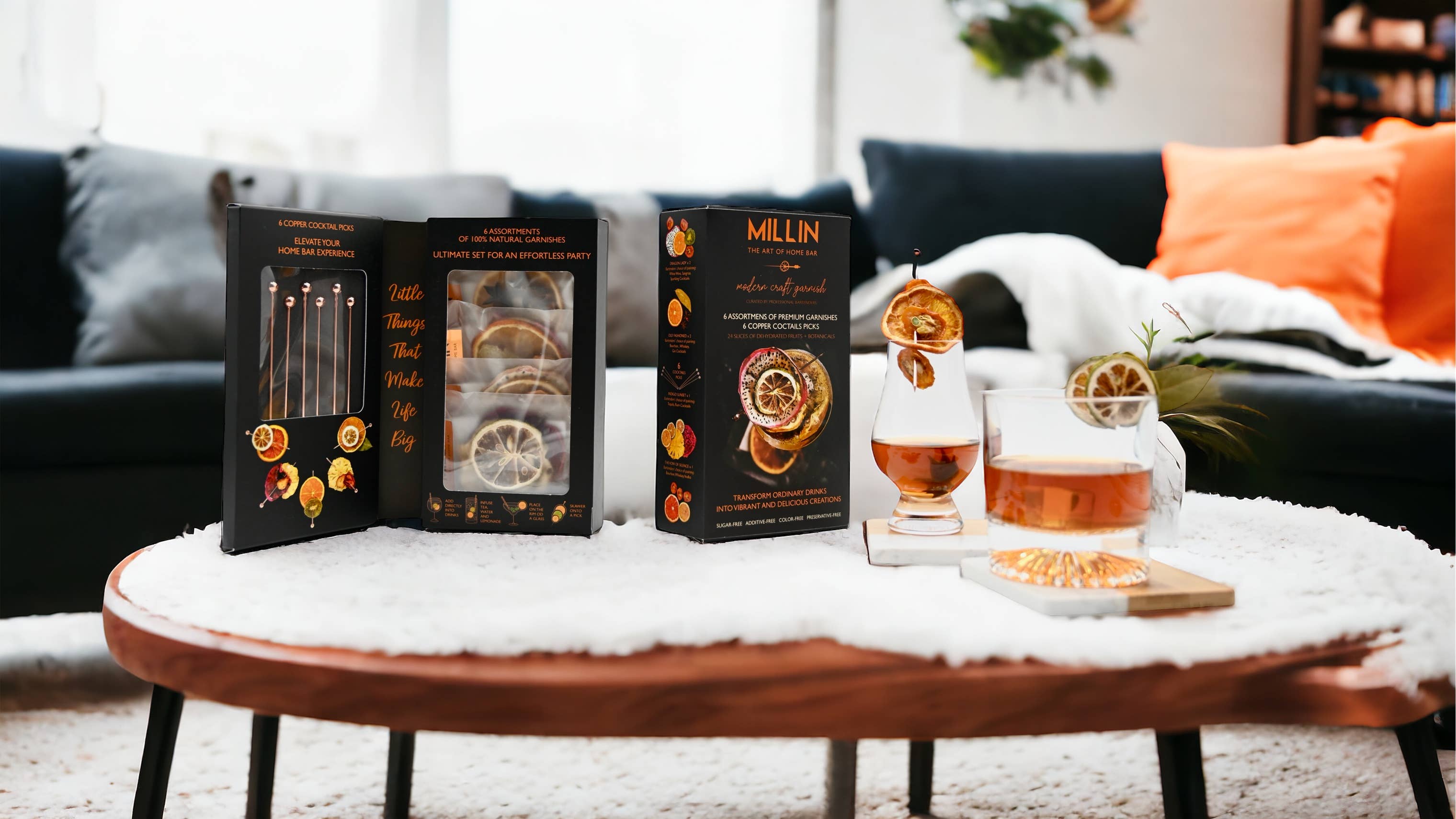 MILLIN - Vente Mélange/sirop pour cocktails - Ensemble de garniture de cocktail Gourmet aux fruits secs avec pics en cuivre 9