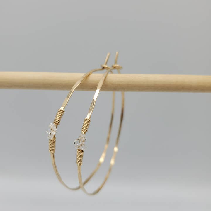 Herkimer Diamond Detail Hammered Hoop Earring on Gold for wholesale by Tela Bella Jewelry