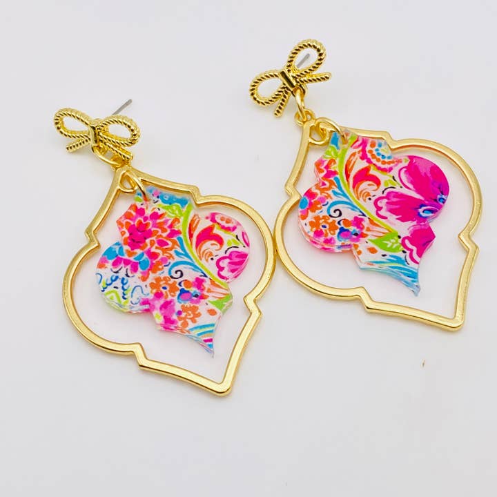 GOLDEN BOW DAZZLE ACRYLIC DANGLE EARRINGSÂ for wholesale by Sandy Lou Designs