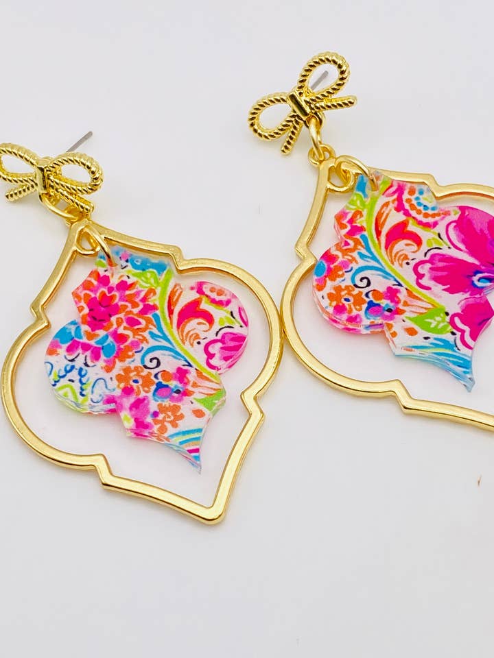 GOLDEN BOW DAZZLE ACRYLIC DANGLE EARRINGS for wholesale by Sandy Lou Designs