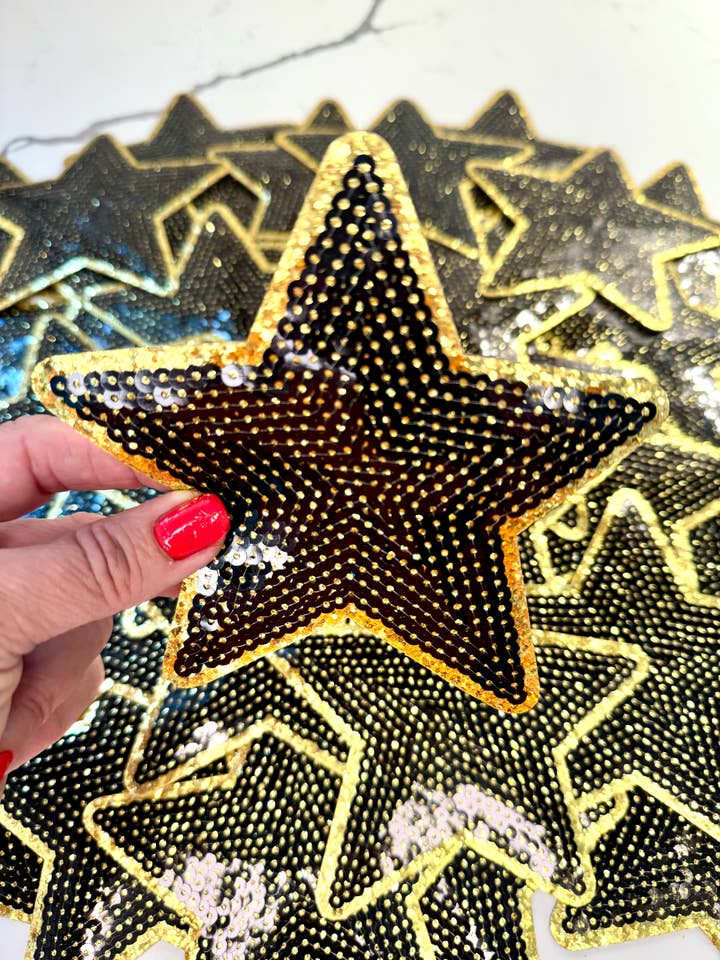 Star Patch, Sequin Star Patch, Black and Gold 5" Sequin Star Patch, Iron on Patch, DIY, Trucker Hat Patch, Preppy Patch Trendy Patch Patch, Sequin Star for wholesale by sequinandstiches