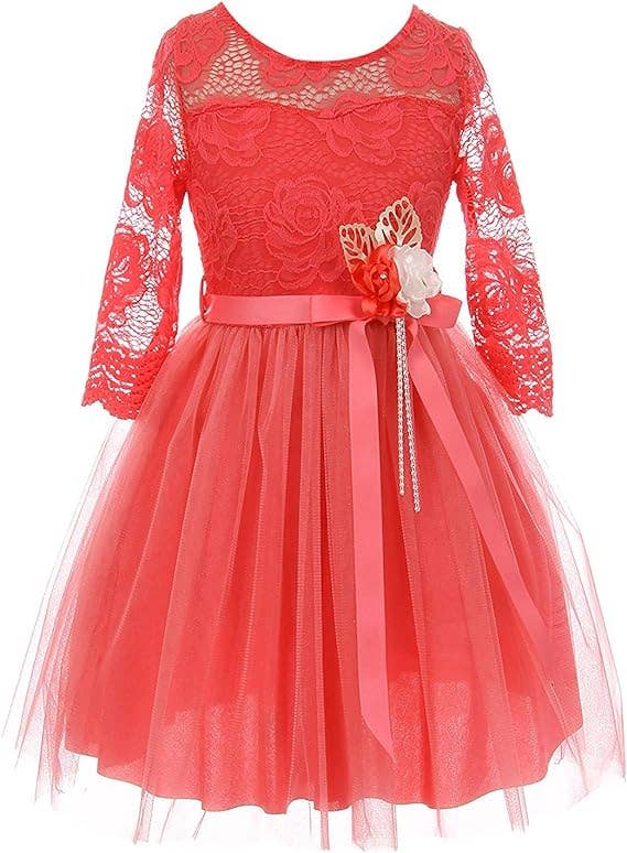 iGirlDress - Wholesale Dress - Kids - Little Girls 3/4Sleeve Floral Lace Corsage Flower Girl Dress1