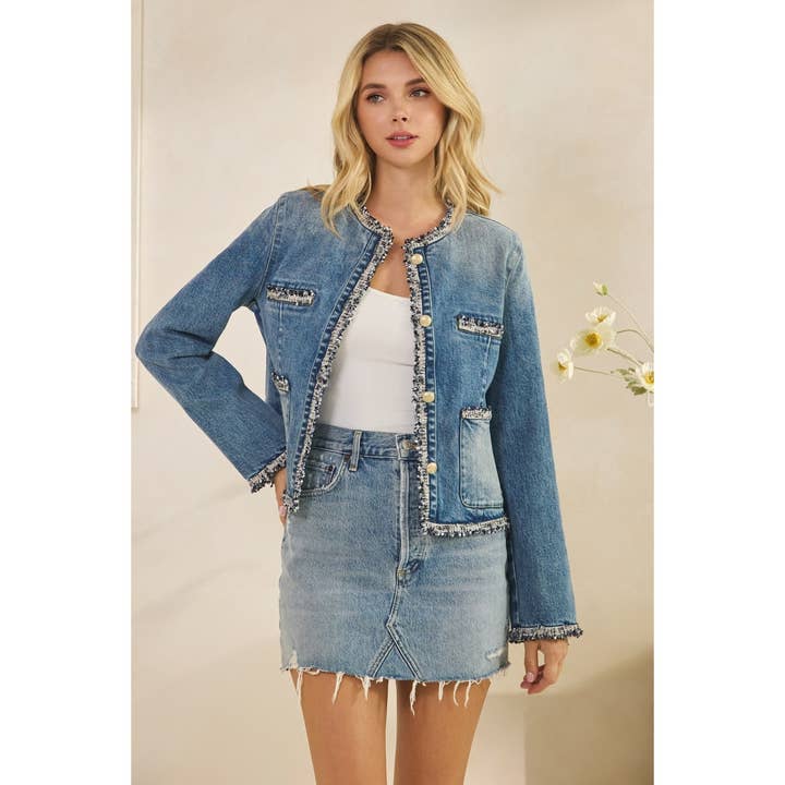 Med Wash Tweed Trimmed Front Pocket Denim Jacket for wholesale on Faire1