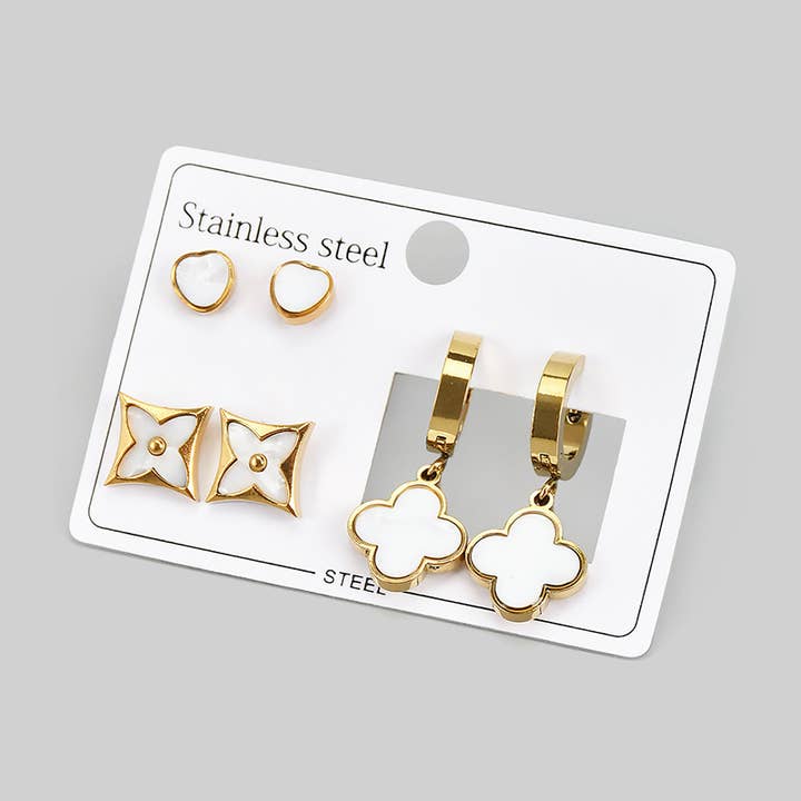 GOLD STAINLESS STEEL MOP HEART CLOVER HUGGIE SET for wholesale on Faire0