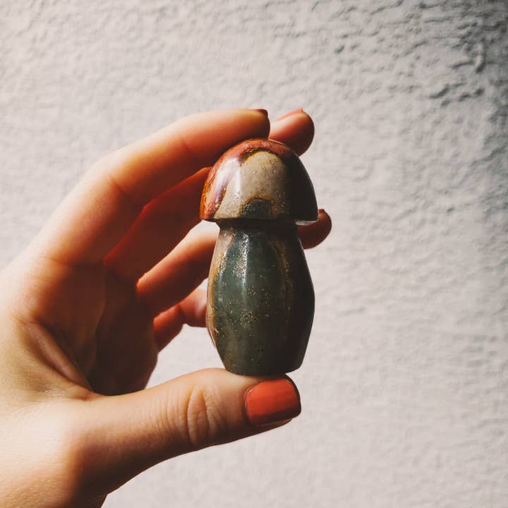 Polychrome Desert Jasper Carved Self Standing Mushroom for wholesale by Copper Bug Jewelry