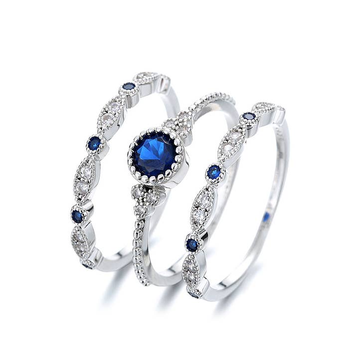 14K White Gold Sapphire Bezel French Miligrain Ring Set for wholesale by Amy and Annette