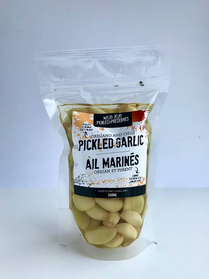 Hot Pickled Garlic for wholesale by Mojo Jojo Pickles and Preserves