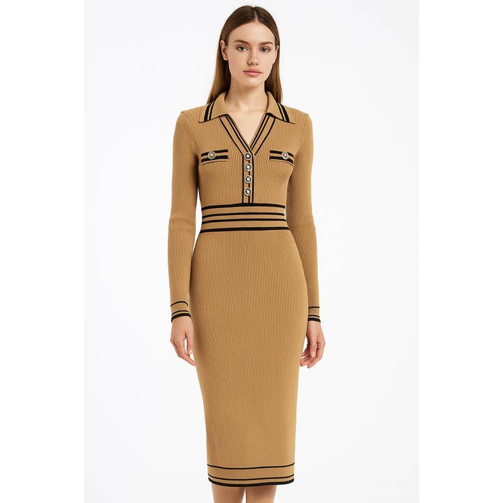 DR837Y 2025 Primavera Outono Malha Lapela Slim Vestido Comprido às Riscas por atacado de Productseeker