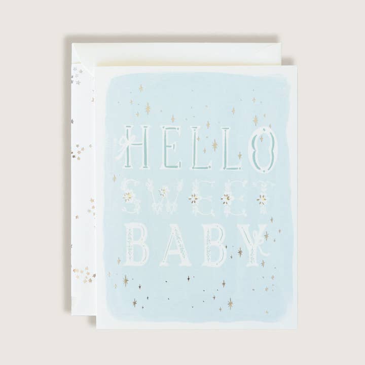 Biglietto di auguri per bebè Hello Sweet Baby blu con lettere argentate per la vendita all'ingrosso da parte di The First Snow